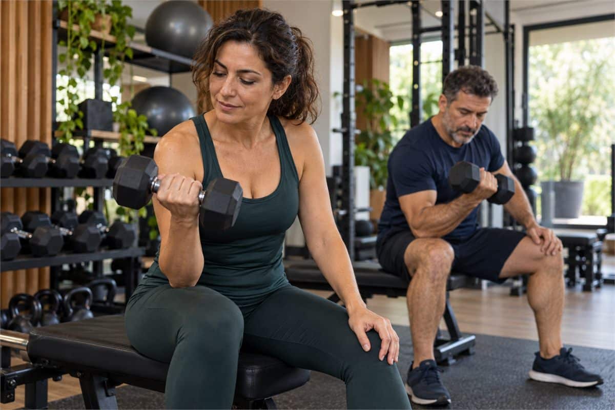 Mujer y hombre adultos entrenando fuerza en un gimnasio, imagen ilustrativa